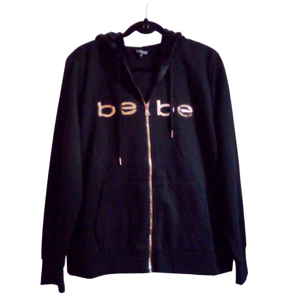 bebe Sport 1X Rose Gold Sequin Logo Zip Up Black Hoodie Jacket Front Pockets NWT